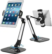 AboveTEK Long Arm Aluminum Tablet Stand, Folding iPad Stand with 360° Swivel iPhone Clamp Mount Holder, Fits 4-11" Display Tablet/Phones for Kitchen Table Bedside Office Desk POS Kiosk Reception