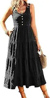 [BestWendding] Women's Casual Summer Dress Loose Sleeveless Tank Dresses Smocked Tiered Flowy Midi Sundress with Pockets