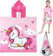 GLGHMH Hooded Poncho Towels for Kids, 70 * 75cm Microfibre Cute Beach Towel for Kids with Drawstring Bag, Soft Swimming Bath Towel Wrap for Boys Girls Children Toddler (Pink Unicorn)