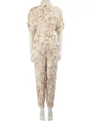 Beige Linen Leaf Short Sleeve Jumpsuit