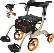 LUCEAE 2024 New Rollator Walker with Seat Seniors, 2-in-1 Rollator-Walker-Wheelchair Combo, Transport-Wheelchair, Lightweight-Foldable, 220lb Collapsible 4 Wheel Transport Chair w/Brake Footrest Pouch