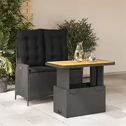 2 Piece Patio Furniture Set, Outdoor Garden Dining Set with Adjustable Backrest & Table, Black Poly Rattan with Cushions