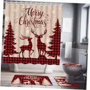 4 Pcs Merry Christmas Bathroom Shower Curtain Set, Christmas Bathroom Curtain