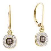 14k Yellow Gold Brown Diamond Square Cluster Dangle Earrings 1/4 Cttw