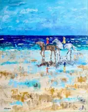 Riders on the Beach Coastal Modern Art Painting Home Decor Wall Hanging