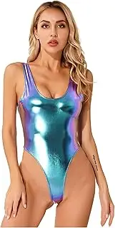 [Loodgao] Women Metallic Backless Low Back High Cut Slim Fit Leotard Swimsuit Summer Beach Wear