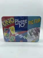 Multi Card Game Bundle Tin Box - Uno, Phase 10, Pic Flip - New Sealed