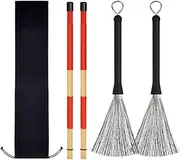 Drum Stick and Brushes Set, Wood Drum Sticks with Stainless Steel Wire Brushes with Storage Bag