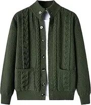 [SWJGLITTR] Men's Button Stand Collar Cardigan Ribbed Cardigans Sweater with Pockets Down Cable Knitted Men Sweater Jackets, Green, X-Large