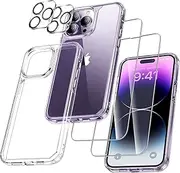 IXTRA 5 in 1 iPhone 14 Pro Case Clear with 2 Glass Screen Protector & 2 Camera Lens Protector Not Yellowing Military Grade Drop Protection Slim Shockproof iPhone Case Cover 6.1 Inch, Clear
