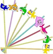 24pcs Cartoon Shark Party Favors Straws Cocktail Drink Straws, Ocean Shark Swimming Theme Birthday Party Supplies Decorations Party Favors with 2 Cleaning Brushes 6 Colors