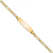 Solid 14K Yellow Gold Soft Diamond Shape Figaro Link ID Bracelet