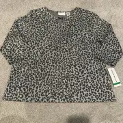 NWT Alfred Dunner World Traveler Metallic Silver Leopard Print Sweater Keyhole L