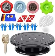 11” Rotate Turnable Sculpting Wheel with Acrylic Pouring Strainers Scraper Cone Painter Support Stands Gloves Painting Tools Unique Pattern Train Art Supplies