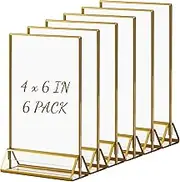 Acrylic Sign Holders Gold Border - 6 Pack, 4x6 Gold Clear Picture Frames Vertical Stand, Double Sided Menu Holder Display for Wedding Table Number, Restaurant Recipe, Photo