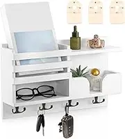 Mail and Key Holder Wood Mail and Key Organizer Multifunctional Mail and Key Rack Wall Mounted Entryway Mail Organizer for Home Entryway Hallway (White)
