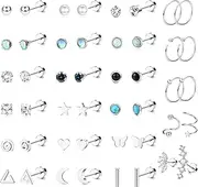 [sailimue] 23Pairs Surgical Steel Flat Back Stud Earrings For Women Men Hypoallergenic 20G Tiny Cartilage Earrings Stud Hoops Small CZ Star Moon Heart Opal Helix Tragus Daith Earrings Piercing Jewelry
