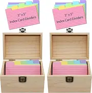 DSYIL Index Card Holder Box 3x5, Wooden Card Box with 100 Dividers, Recipe Cards Case, Business Card Organizer for Flash Card, Notecards and Study Cards, 2 Pack