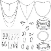 [Dqwtb] 42 Pcs Silver Jewelry Set for Women Layered Bracelets Ball Dangle Hoop Earrings Dainty Adjustable Necklaces Stackable Knuckle Rings Set Jewelry Valentine Anniversary Trendy Party Costume Accessories