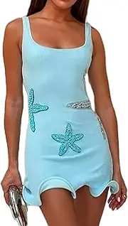 [ensswliz] Women Sequin Starfish Mini Dress Sparkly Knitted Bodycon Tank Dress Y2k Fitted Ruffle Hem Short Dresses Clubwear