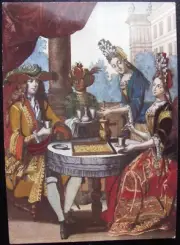 Postcard. Cavalier and Lady Drinking Chocolate