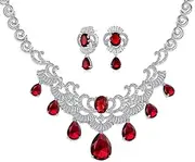 [Bling Jewelry] Art Deco Vintage Estate Design Bridal Jewelry Set Large Teardrop Pear Shape Clear Simulated Gemstone AAA CZ V Collar Statement Bib Necklace Chandelier Earrings. Silver Plated For Women
