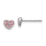Sterling Silver Rhodium-Plated Polished Pink Glitter Enamel Heart Children'S Post Earrings