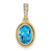 14K Yellow Gold Oval Blue Topaz and Real Diamond Pendant