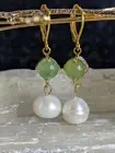 Natural Green Jade And Genuine Baroque Pearl Earrings
