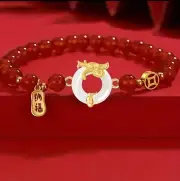 Lucky White Jade Circle & Red 6mm Beaded Year of the Dragon - Stretch Bracelet