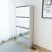 Shoe Cabinet 4-Layer Mirror White 63x17x134 cm – Slim Shoe Storage Cabinet with Doors, Flip Drawers, Space-Saving Shoe Organizer for Entryway, Compact Wooden Shoe Rack, Holds 12-16 Pairs