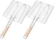 Outdoor Barbecue Grill Basket Set Mesh Fish Grill Rack Wooden Handle for Camping Picnic and Bbq