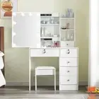 Dressing Table Makeup Vanity Table Set with LED Lights Mirror Vanity Stool Set