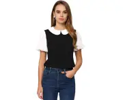 Allegra K Peter Pan Collar Puff Short Sleeve Summer Blouse Black