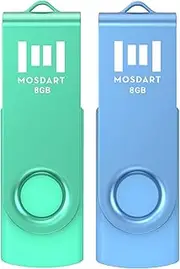 MOSDART 8GB USB2.0 Flash Drive, with Keychain Loop, Swivel Design with LED Light, FAT32 Memory Stick for Computers, System Backup, Data Storage, Green and Blue (Pack of 2)