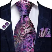 [VSOLS] Men's Blue Black Striped Tie 3.4" Tie Pocket Square Cufflinks Wedding Party Silk Tie Set (Color : SN-0638, Size : 59.06 * 3.35in)