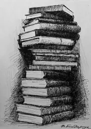 Original drawing with black marker. books. Minimalist black and white art