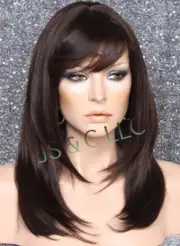 Human hair blend Full Wig Layered Straight bangs Heat OK Brown mix 4/27 PL