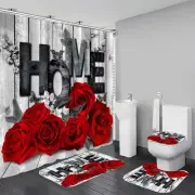 Red Rose 4 Pcs Shower Curtain Sets Non-Slip Rugs Bath Mat Toilet Cover U Shap...
