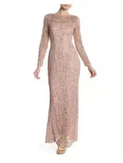 Marina Rose Blush Taupe Pink Sequin Lace Long Sleeve Maxi Sheath Dress Size 6