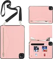 Cavor PU Leather Wallet for iPad Pro 11 inch 2021 3rd Gen/2020 2nd Gen Case with Card Holder Slots & Apple Pencil Wireless Charging Long Shoulder Lanyard Strap Kickstand Back Protective Cover, Pink