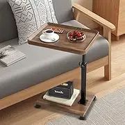 SHENMAIDAY Adjustable C Shape Side Table, Adjustable Height Sofa Side Table, Small C Shape Side Table with Wheels, TV Tray Table, Sliding Table for Sofa Living Room Bedroom Tray Table (Walnut Color)