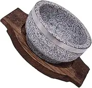 Thicken Stone Bowl 14 Cm: Bowl with Wood Base Pot Stone Bowl for Soup Rice Home Kitchen Rice
