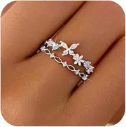 [LOVECOM] 925 Sterling Silver Cute Butterfly Daisy Flower Rings for Women 14K Gold Plated 2 Layered Colorful Opal CZ Floral Boho Stackable Statement Ring Jewelry Birthday Gifts to Daughter