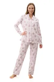 Ladies Givoni Cotton Long Length Flannelette PJS Pink Floral (Beth 96B)