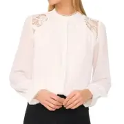 CeCe Pleated Lace Georgette Button Up Blouse Ivory M NWT Office Professional