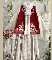 [JIMINISO] 3Pc Set Winter Style Cute Chinese Female Ming Dynasty Round Neck Plus Velvet Thickened Vest Horse Face Skirt