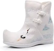 [GHAKKE] Women's National Style Crane Embroidered Boots Spring Autumn Fashion Internal Height Increase Short Boots Chinese Ancient Style Hanfu Shoes(White,4.5)