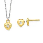 Sterling Silver & Gold-Tone Polished Cz Heart Children'S 14In Necklace And Post Earrings Set