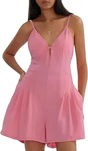 CHERFLY Women's Summer Casual Rompers Deep V-Neck Spaghetti Strap Overalls Backless Wide Leg Short Jumpsuit with Pockets 2024